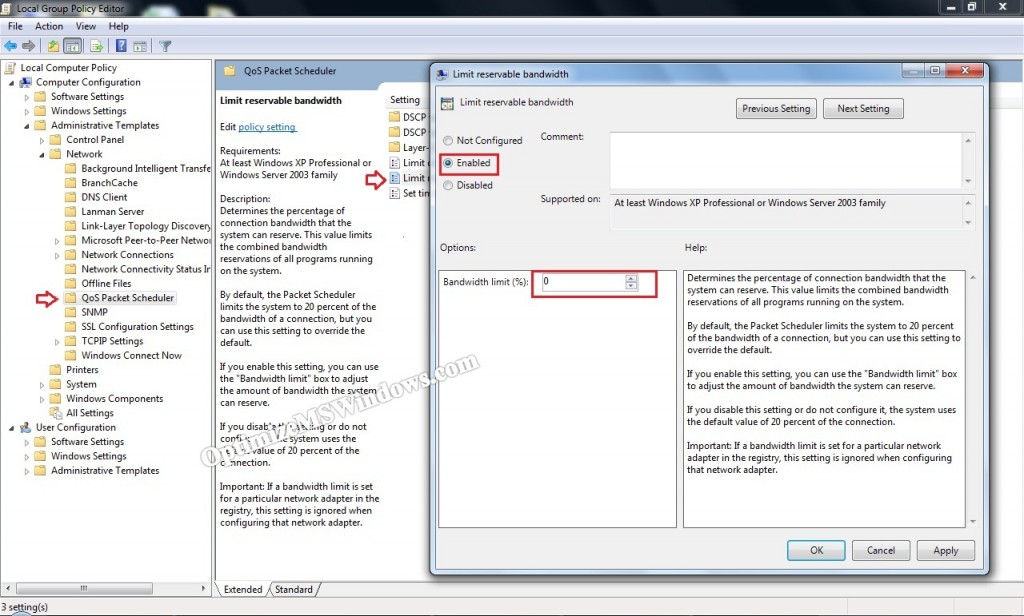 Enable and Limit Reserveable Bandwith on Windows